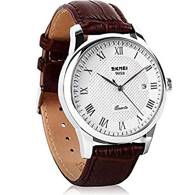 JOYSAE Men's Wrist Watches, Simple Dress Quartz Watches with Day Date Brown Leather Strap