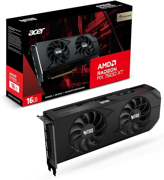 acer Nitro AMD Radeon RX7600 XT Overclocking Graphics Card | 16GB GDDR6 128-bit 18 Gbps | Dual Nitro FrostBlade Ringed Fans | TPD 215W | 1 x HDMI 2.1 & 3 x DisplayPort 2.1