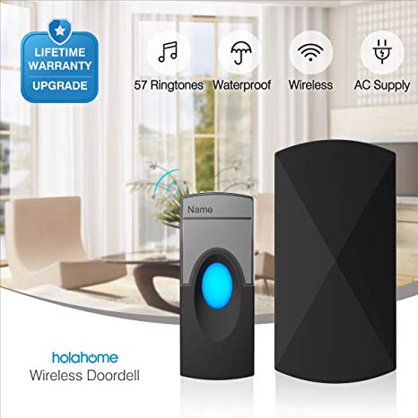 Wireless Doorbell Door Bell Kit - Push Button & Plug-in Receiver Portable Waterproof Remote Control for Home Chime Ringer Long Range 57 Ringtones Black