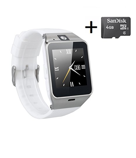 Amazingforless White Bluetooth Touch Screen Smart Wrist Watch with Camera and 4GB Micro SD Card