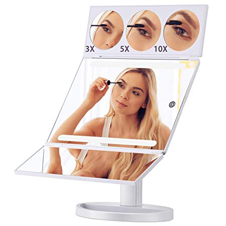 Xlarge Led Mirror, Magicfly 19.2inch 28 LED Lighted Vanity Mirror with 10X/5X/3X Magnification, Hollywood Style Trifold Mirror with Touch Screen & 360°Rotation, White