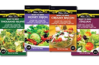 Walden Farms Salad Dressing Packets- Sampler Pack in Ready to Serve Calorie Free Flavors, 11-1 oz Pouches (Thousand Island,Honey Dijon,Creamy Bacon,Italian)