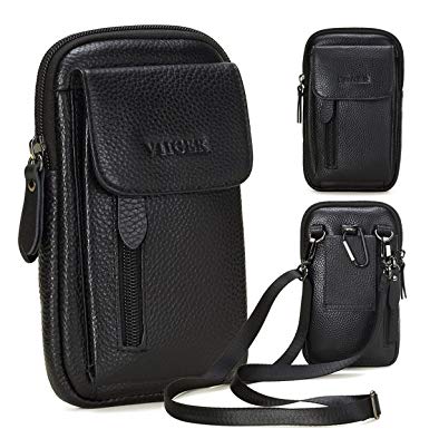 VIIGER Leather Small Crossbody Travel Purse Crossbody Bag Vertical Cell Phone Pouch Belt Holster Mini Shoulder Bag Belt Pouches for Men Compatible for iPhone Xs Max X 6 7 8 Plus Galaxy S8 S9 S10 Plus