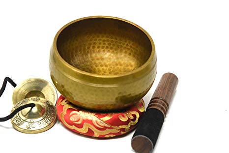 5.5" Energetic Chakra Healing Yoga Hand Hammered Tibetan Singing Bowl- Including Tingsha Cymbels Mallet and Cushion Made in Nepal