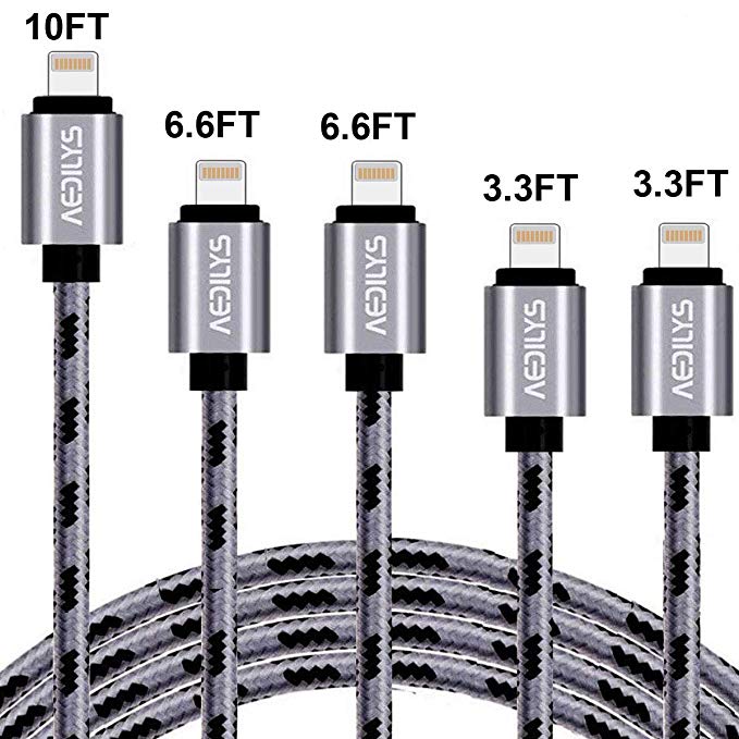 Charger Cables, 5Pack [10FT 6.6FT 6.6FT 3.3FT 3.3FT] Nylon USB Charging & Syncing Cord Charger Compatible with Phone X 8/7/6s/6/Plus/5se/5s/5c/5 and More