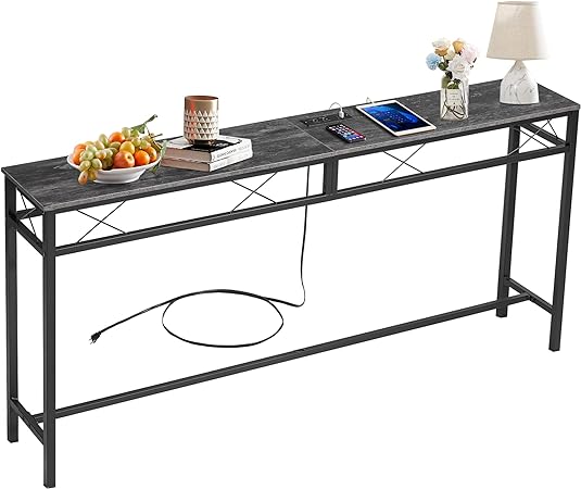 VECELO 71In Extra Long Narrow Sofa/Console Table with Charging Station & Power Outlet and USB Ports, for Entryway, Living Room, Office, Industrial, Dark Grey