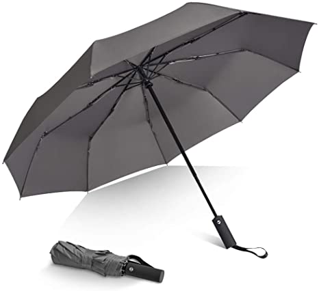 Brainstorming Windproof Travel Umbrella, Teflon Coating, Auto Open/Close, Ergonomic Long Handle, Compact Portable Folding Umbrella with 9 Fiberglass Ribs (Gray)