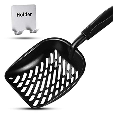 MUDEELA Cat Litter Scoop with Holder - Metal Kitty Litter Scoop with Deep Shovel - Anti-Stick Plated Aluminum Cat Litter Scooper - Durable Cat Litter Sifter with Solid Handle