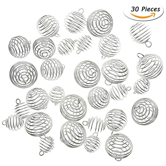 KeyZone 30 Pieces Silver Plated Spiral Bead Cages Pendants for Jewelry Making, 3 Sizes