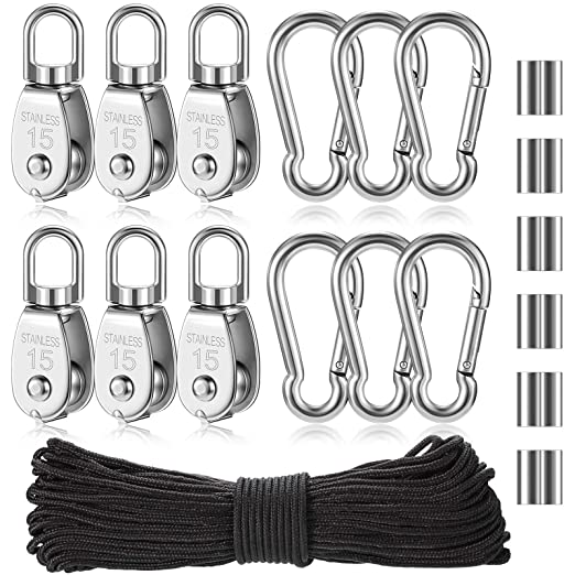 19 Pieces M15 Single Pulley Block Set 6 Pieces 304-Stainless Steel Wire Rope Single Roller for Lifting Crane, 6 Spring Snap Hooks, 6 Aluminum Crimping Loop Sleeves and 30 Meter Nylon Pulley Line Rope