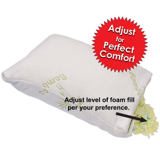 NEW and IMPROVED ADJUSTABLE Shredded Memory Foam Bamboo Pillow with Inner Zipper - Micro-Vented Bamboo Cover with Zipper - Bamboo Grand - Hypoallergenic and Dust Mite Resistant (Queen)