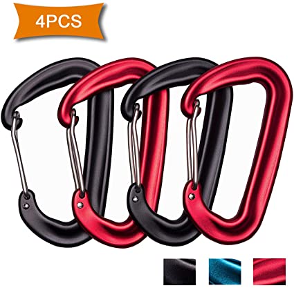 Outton Wiregate Carabiners Clips Aircraft Grade 7075 Aluminium 12KN Rated 2650 LBS Each Mini Lightweight Strong Biner for Hammock Camping Keychain Hiking Pack of 4 Black Blue Red