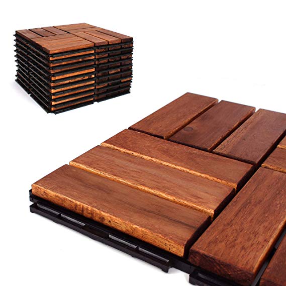 Deck Tiles - Patio Pavers - Acacia Wood Outdoor Flooring - Interlocking Patio Tiles - 12"x12" (20 Pack) - Oiled Acacia Finish - Checker Pattern Decking