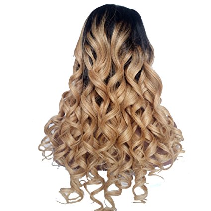 Royal-First Glueless Brazilian Virgin Human Hair Lace Front Wavy Wigs for Women 22in Long #1b/#27 Two-toned Ombre Color 150% Density Medium Size Cap
