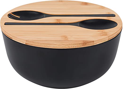 Bamboo Fiber Salad Bowl with Servers Set - Large 9.8 inches mixing bowls Solid Bamboo Salad Wooden Bowl with Bamboo Lid Spoon for Fruits,Salads and Decoration (9.8 inch, Black)