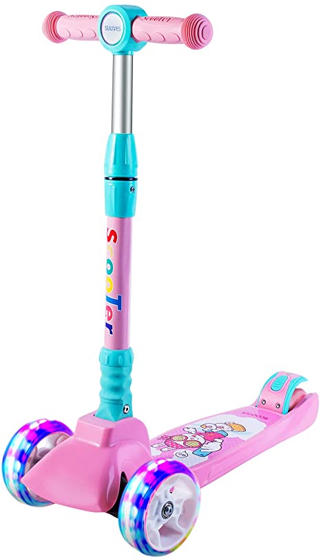 SULIVES Height Adjustable Kick Scooter for Kids with Light up Wheels and Extra-Wide PU Deck Best Gifts for 3 to 12 Years Old Toddlers Boys Girls