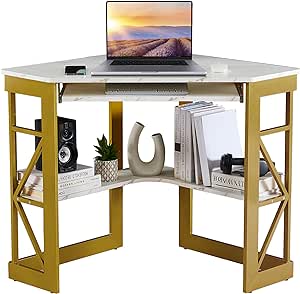 VECELO Corner Computer Desk 41 x 30 inches with Smooth Keyboard & Storage Shelves for Home Office Workstation, White & Gold