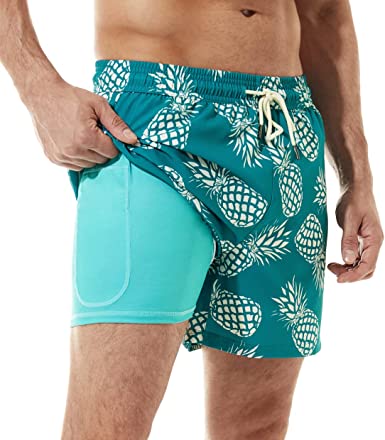 BRISIRA Swim Trunks Men Quick Dry Swim Shorts 5 inch Inseam Stretch Water Beach Shorts with Compression Liner Zipper Pocket