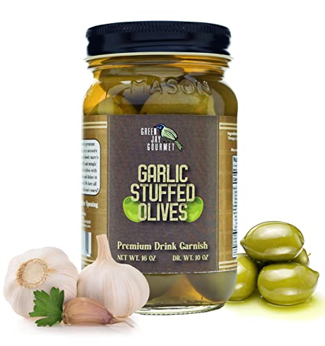 Green Jay Gourmet Garlic Stuffed Olives – Stuffed Green Olives for Cocktail Garnish & Cheese Board Recipes – Dirty Martini Olives & Cocktail Olives – Gourmet Olives – All Natural – Large – 16 Ounces