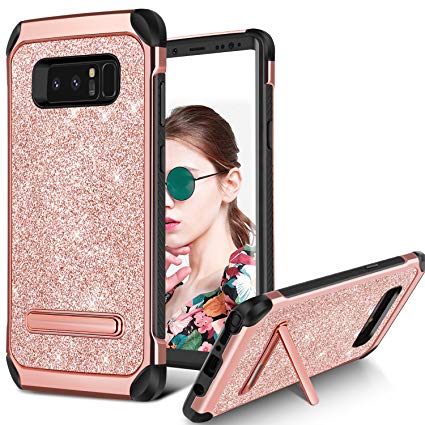 Galaxy Note 8 Case, BENTOBEN Bling Glitter Samsung Note 8 Case 2 in 1 Slim Hybrid TPU Bumper Hard PC Cover Coat Sparkly Shiny Cute Faux Leather with Metal Kickstand for Samsung Galaxy Note8 Rose Gold