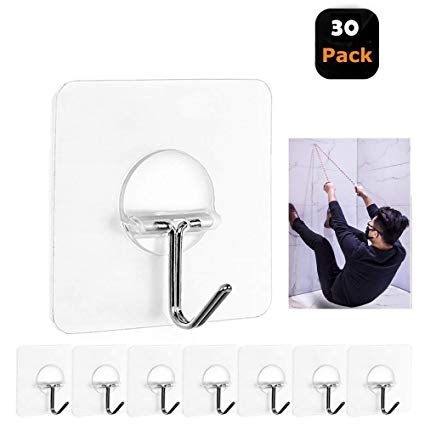 KANGMOON 2019 Wall Hooks 13lb(Max) Transparent Reusable Seamless Hooks,Waterproof and Oilproof,Bathroom Kitchen Heavy Duty Self Adhesive Hooks,30 Pack