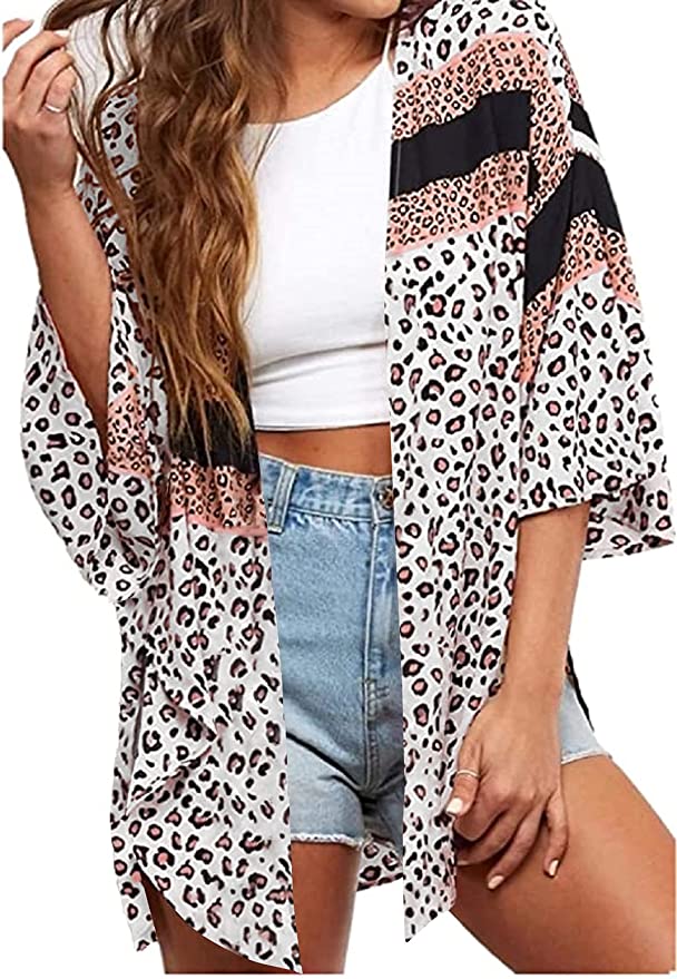 Women's Floral Print Puff Sleeve Kimono Cardigan Loose Cover Up Casual Blouse Tops