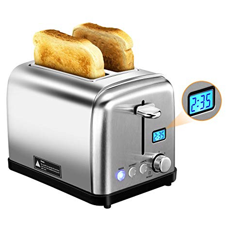 Toasters 2 Slice, [LCD Count Down Timer] PICTEK Compact Stainless Steel Toaster with Bagel, Defrost, Reheat and Cancel Functions[with LED Indicator], 6 Shade Settings and 1.5 Inch Extra-Wide Slot, 900W Toast Faster and Evenly