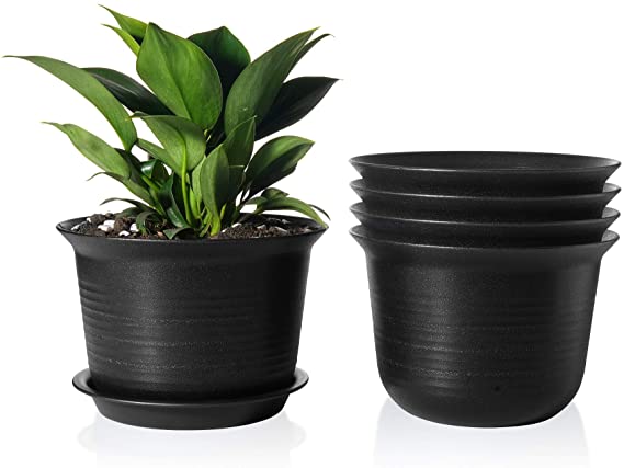 Plastic Pot - POTEY 7 Inch Indoor Planter with Drainage Hole and Trays for All House Plants - 007, Set of 5, Black