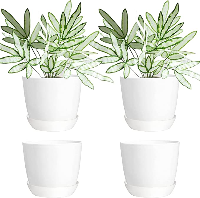 Youngever 4.5 Inch Plastic Planters with Saucers, Indoor Flower Plant Pots, Modern Decorative Gardening Pot with Drainage (Mordern 8 Sets)