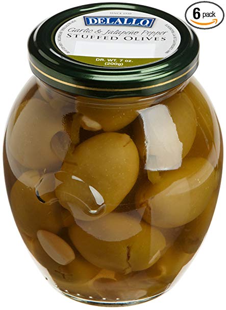 DeLallo Garlic & Jalapeno Stuffed Olives, 7-Ounce Jars (Pack of 6)