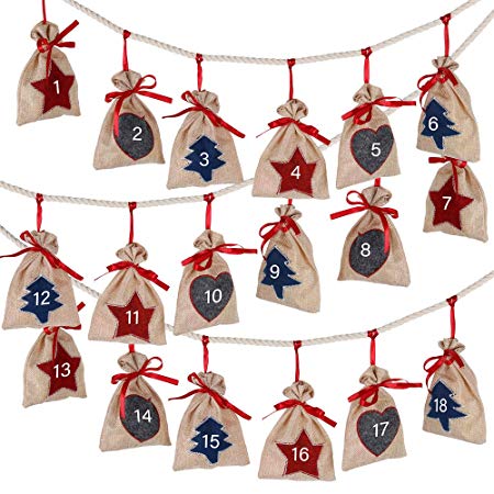 D-FantiX Christmas Advent Calendar 2019, 24 Days Burlap Hanging Advent Calendars Garland Candy Gift Bags Sacks DIY Xmas Countdown Christmas Decorations for Wall Home Office