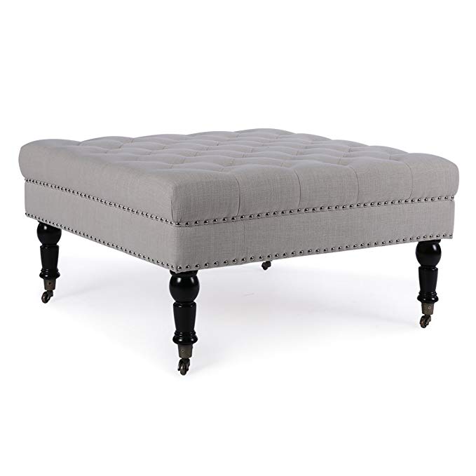 Belleze Ottoman 33" Foot Rest Bench with Rolling Wheels Upholstered Padded Cushion Stylish Button Tufted Fabric, Beige
