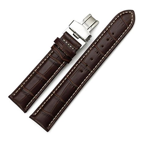 iStrap 24mm Calf Leather Strap Tan Stitched Replacement Watch Band Metal Deployant - Brown 24