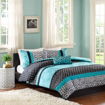 Comforter Bed Set Teen Bedding Modern Teal Black Animal Print Girls Bedspead Update Home (TWIN XL)