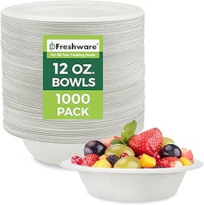 Freshware Paper Bowls - Disposable 12 oz. Soup Bowl, 1000-Pack Biodegradable Sugarcane Fiber Serving Bowls - Heavy Duty Bagasse for Hot Food Plates - Microwave & Freezer Safe, Stackable Dinnerware