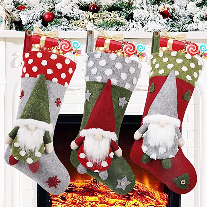 Christmas Stocking 3 Pack, 19 Inch 3D Gnomes Santa Christmas Stockings Fireplace Hanging Stockings for Family Christmas Decoration Xmas Character Holiday Season Party Decor