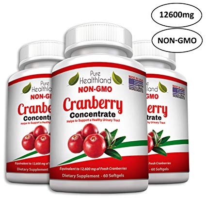 Non GMO Cranberry Concentrate Supplement Pills for Urinary Tract Infection UTI. Equals 12600mg Cranberries. Triple Strength Kidney Bladder Health for Men & Women. Easy to Swallow Softgels, 3 Bottles
