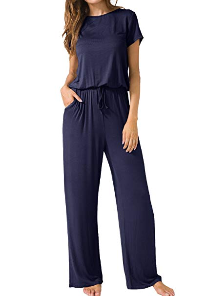 LAINAB Women's Casual O Neck Loose Wide Legs Jumpsuits with Pockets