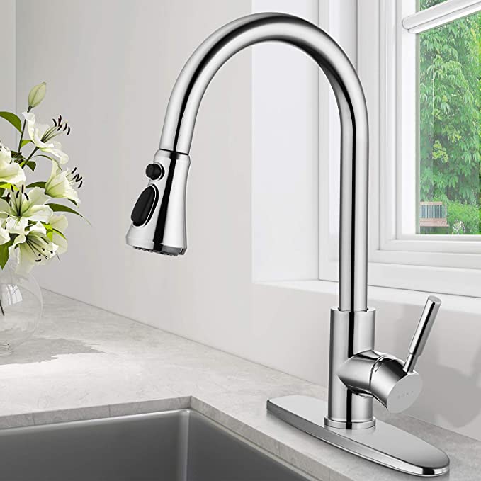 SOKA VEN569168C Single Handle Kitchen Faucet Stainless Steel High Arc Modern Style Aquablade Sweep, Stream & Spray Fit for One & 3 Hole, Chrome