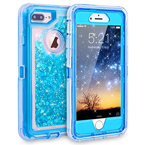iPhone 7 Plus Case, Dexnor Glitter 3D Bling Sparkle Flowing Liquid Case Transparent 3 in 1 Shockproof TPU Silicone Core   PC Frame Cover for iPhone 7 Plus/6s Plus/6 Plus - Blue