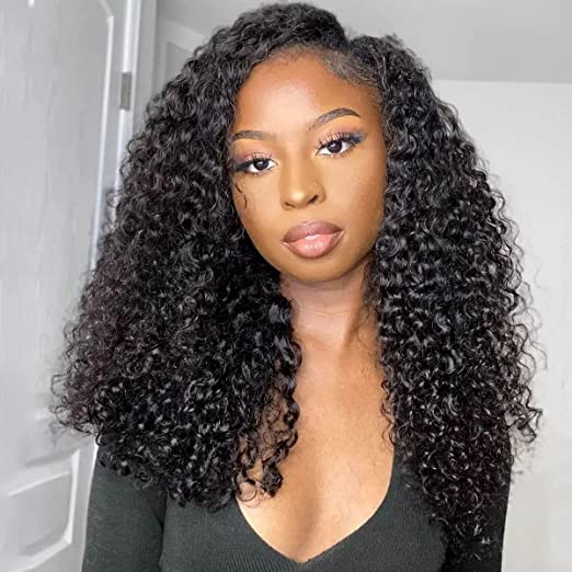 ISEE V Part Wig Human Hair Curly Minimal/No Leave Out Upgrade U Part Wig for Black Women Human Hair V Shape Wig Kinky Curly Thin Part Glueless Clip In Half Wig 180% Density Natural Color 16 Inch