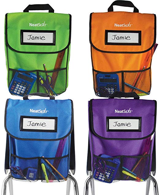 EAI Education NeatSeat Classroom Chair Organizer | Oversized Name-Tag Card, Dual Inner Pockets, One of Each Color: Blue, Lime, Orange, Purple, 16" x 12" with 1 1/2" Gusset, Set of 4