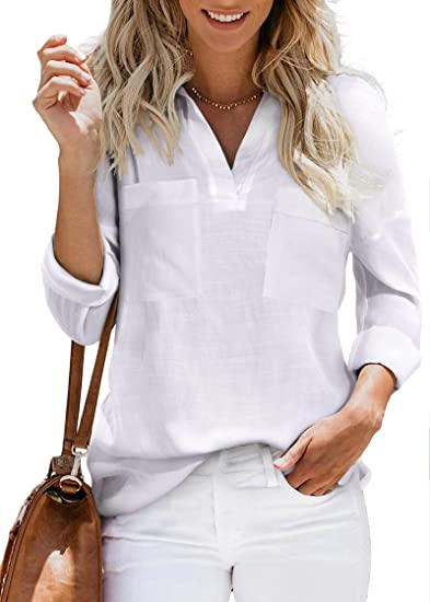 Zeagoo Womens V Neck Shirts Collared Roll up Long Sleeve Blouses Casual Work Tops