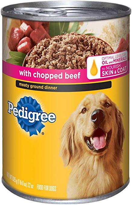 Pedigree Meaty Ground Dinner With Chopped Beef Canned Dog Food. Formulated To Meet the Nutritional Levels Established by the AAFCO Dog Food Nutrient Profiles For Maintenance.