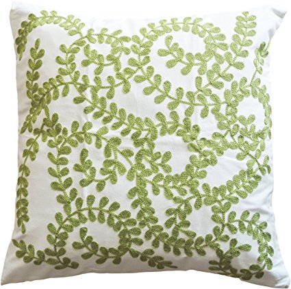 Green Vine Embroidery Decorative Throw Pillow COVER 18" Green White