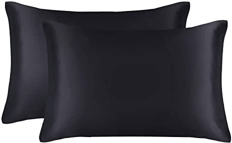 EXQ Home Silky Satin Pillowcase for Hair and Skin,Pillow Cases Standard Size 2 Pack Satin Pillow Case 2 Pack with Envelope Closure Black (20x26 inches)