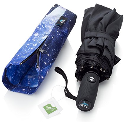 AYL Windproof Travel Umbrella with Teflon Coating and Zipper Pouch