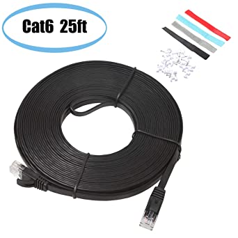 SHARPALIN High Speed Cat6 Ethernet Cable 25ft Black - Flat Internet Patch Cable - Cat 6 Cable, 250 MHz UTP 32AWG (25ft Black)