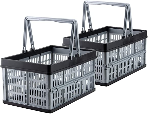 Grizzly 2 x Collapsible Crates with handles - 16 L - Foldable storage boxes - Stackable - Grey
