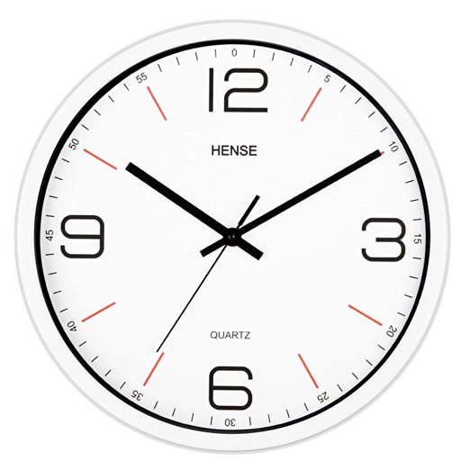 HENSE 12-Inch Modern Minimalist Round Wall Clock Silent Non-ticking Sweep Second Clocks w/ Metal Frame and Front Glass Cover HW01 (White Frame with White Dial)